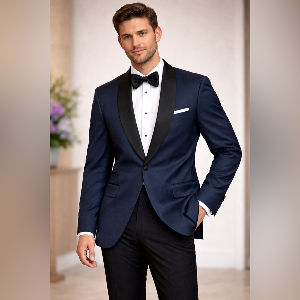NWT 1048$ Ted Baker Tuxedos Navy Blue Blazer with Black Satin Shawl Collar